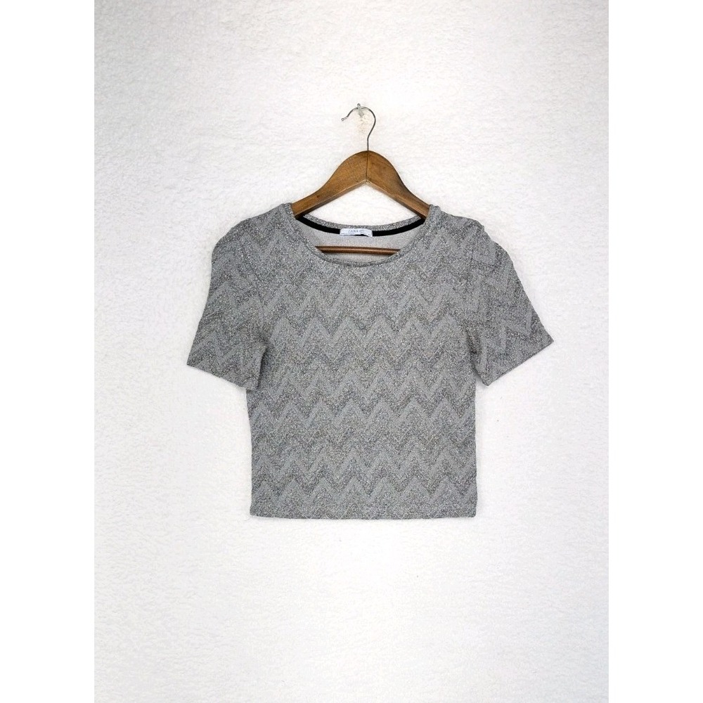 ZARA Women's Gray Zig Zag Metallic Print Basic Script Top Small